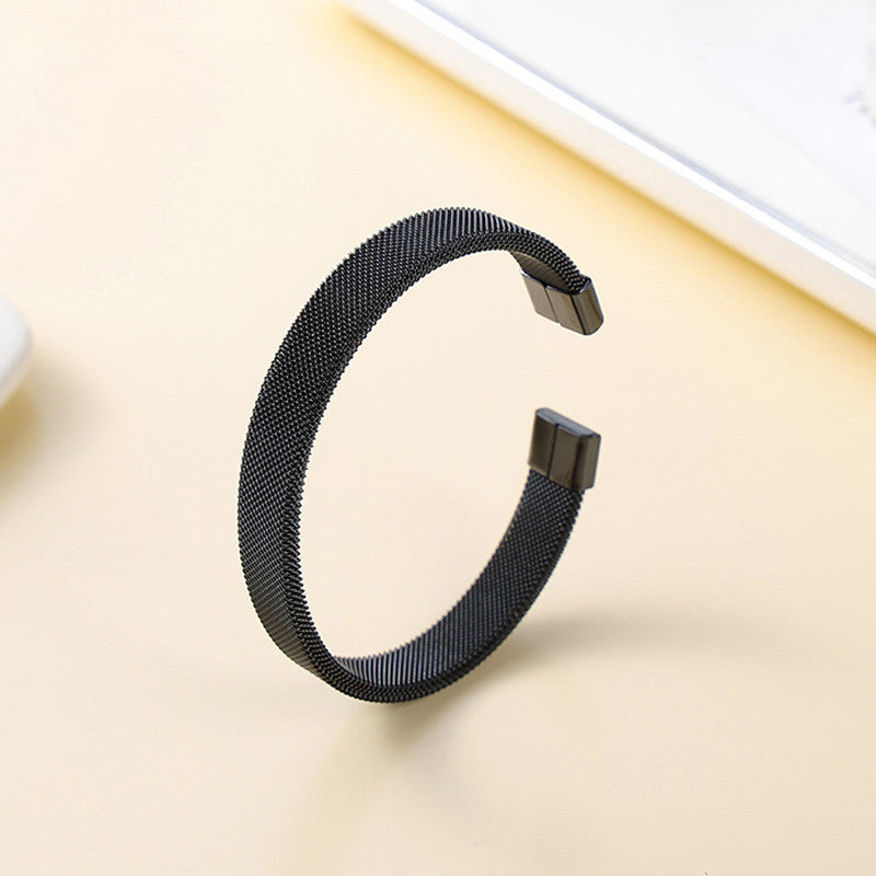 Black Silver Plated Stainless Steel Anti Tarnish Mesh Statement Cuff Bracelet For Men