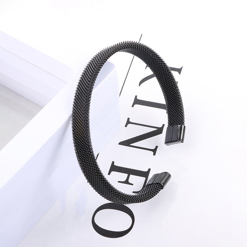 Black Silver Plated Stainless Steel Anti Tarnish Mesh Statement Cuff Bracelet For Men