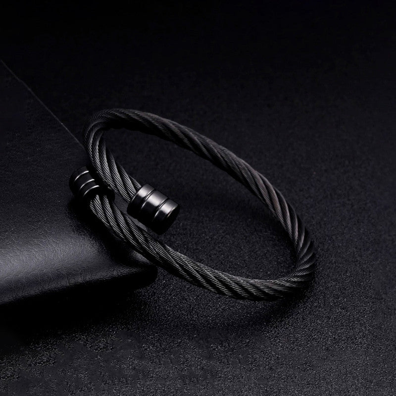 Black Silver Plated Stainless Steel Anti Tarnish Rope Design Cuff Bracelet For Men