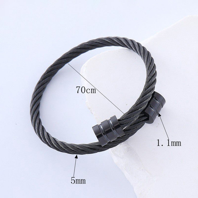 Black Silver Plated Stainless Steel Anti Tarnish Rope Design Cuff Bracelet For Men