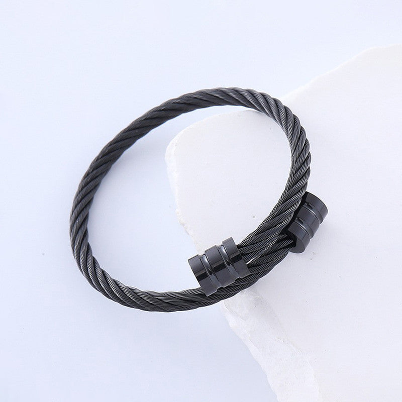 Black Silver Plated Stainless Steel Anti Tarnish Rope Design Cuff Bracelet For Men