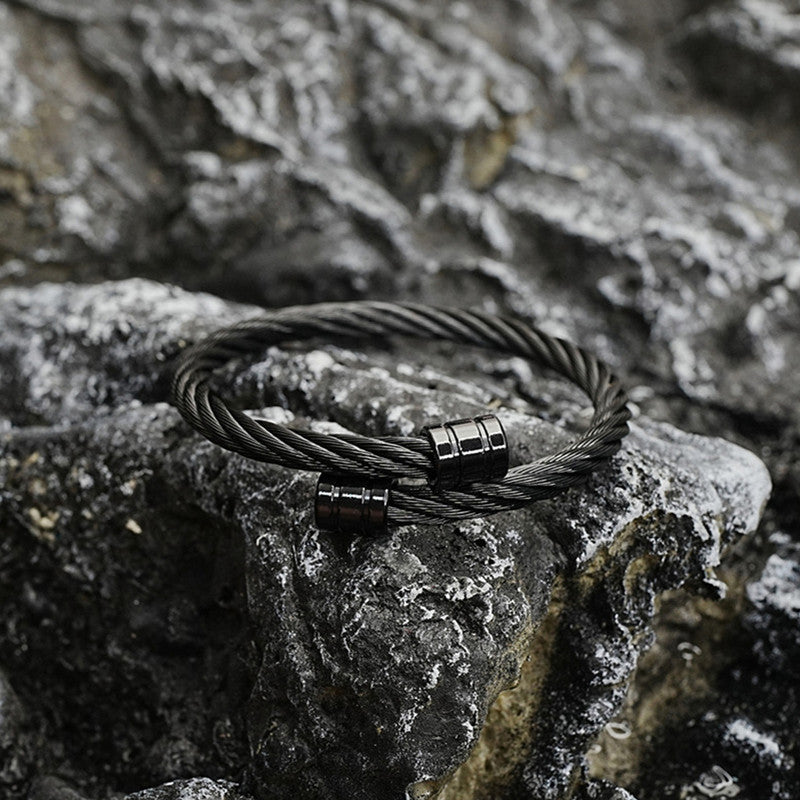 Black Silver Plated Stainless Steel Anti Tarnish Rope Design Cuff Bracelet For Men