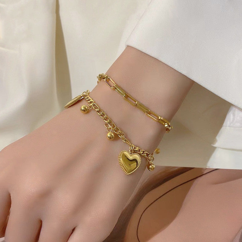 Gold Plated Stainless Steel Anti Tarnish Heart themed Wraparound Bracelet For Women