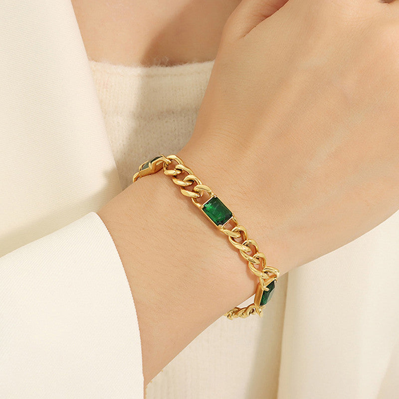 Gold Plated Stainless Steel Anti Tarnish Green Crystals Cuban Wraparound Bracelet