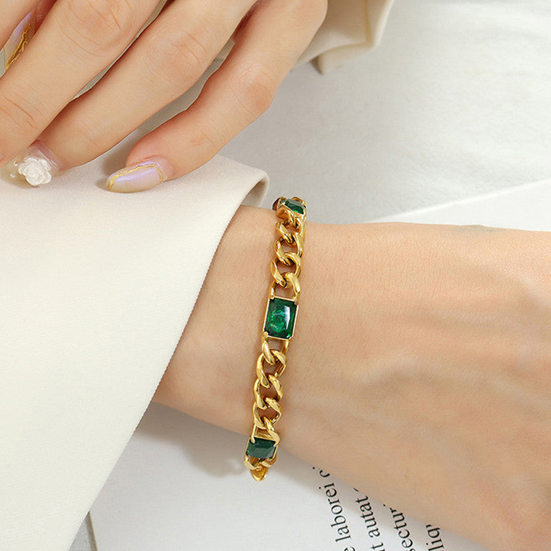Gold Plated Stainless Steel Anti Tarnish Green Crystals Cuban Wraparound Bracelet