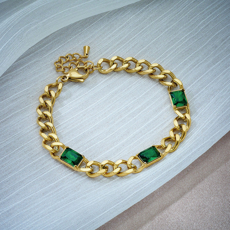 Gold Plated Stainless Steel Anti Tarnish Green Crystals Cuban Wraparound Bracelet