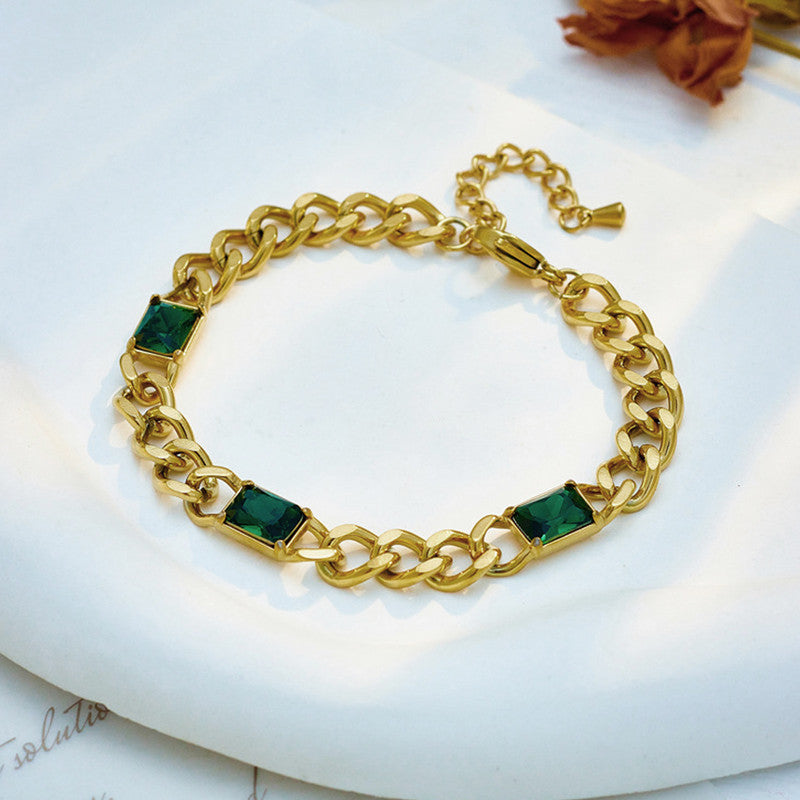 Gold Plated Stainless Steel Anti Tarnish Green Crystals Cuban Wraparound Bracelet