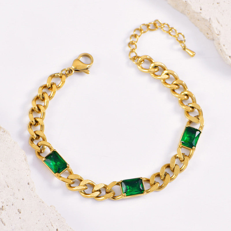 Gold Plated Stainless Steel Anti Tarnish Green Crystals Cuban Wraparound Bracelet