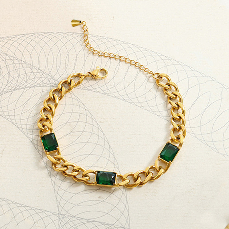Gold Plated Stainless Steel Anti Tarnish Green Crystals Cuban Wraparound Bracelet