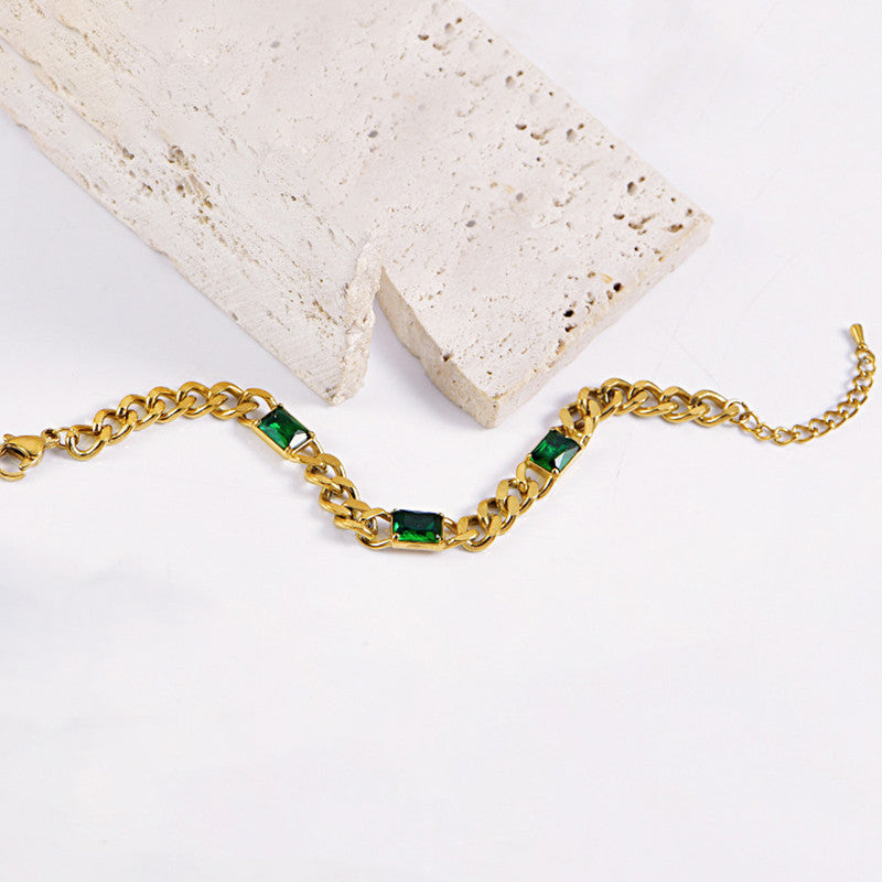 Gold Plated Stainless Steel Anti Tarnish Green Crystals Cuban Wraparound Bracelet