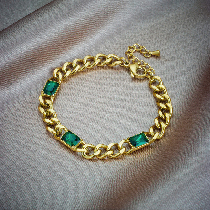 Gold Plated Stainless Steel Anti Tarnish Green Crystals Cuban Wraparound Bracelet