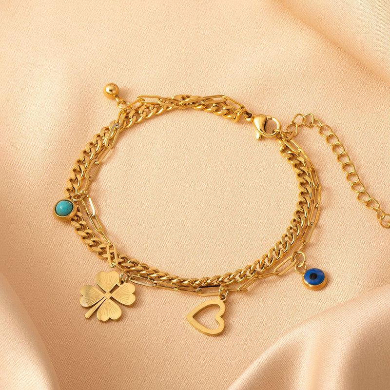 Gold Plated Stainless Steel Anti Tarnish Clover themed Evil Eye Wraparound Bracelet