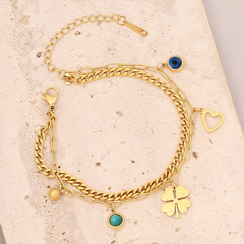 Gold Plated Stainless Steel Anti Tarnish Clover themed Evil Eye Wraparound Bracelet
