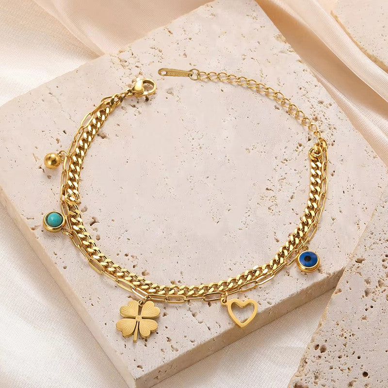 Gold Plated Stainless Steel Anti Tarnish Clover themed Evil Eye Wraparound Bracelet