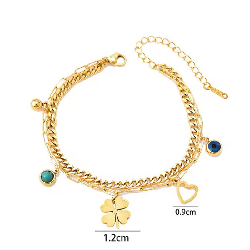 Gold Plated Stainless Steel Anti Tarnish Clover themed Evil Eye Wraparound Bracelet