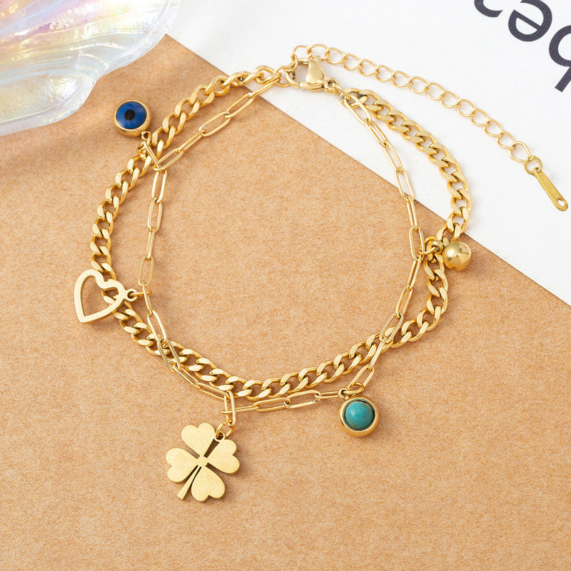 Gold Plated Stainless Steel Anti Tarnish Clover themed Evil Eye Wraparound Bracelet