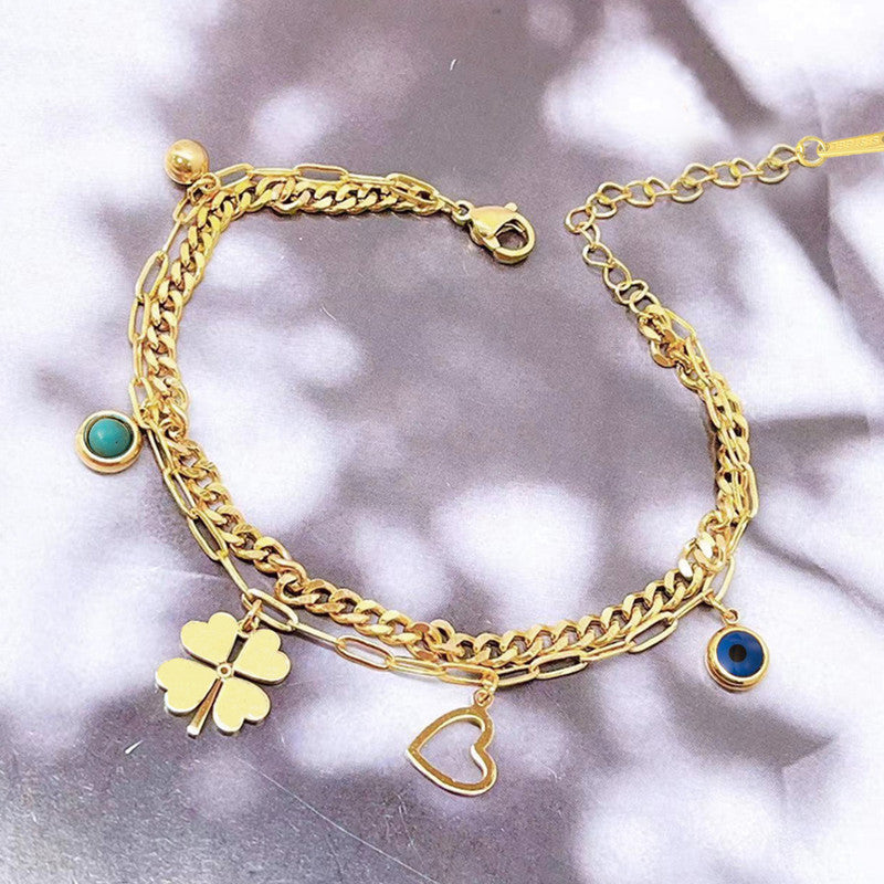 Gold Plated Stainless Steel Anti Tarnish Clover themed Evil Eye Wraparound Bracelet