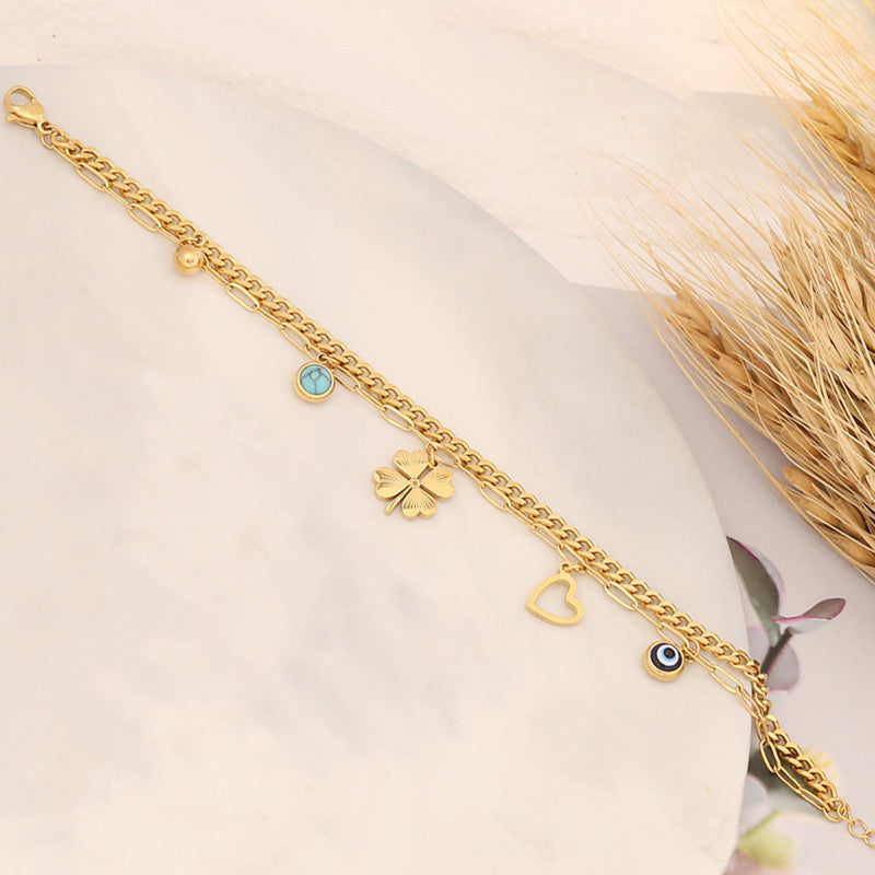 Gold Plated Stainless Steel Anti Tarnish Clover themed Evil Eye Wraparound Bracelet