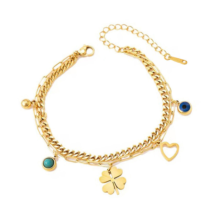 Gold Plated Stainless Steel Anti Tarnish Clover themed Evil Eye Wraparound Bracelet