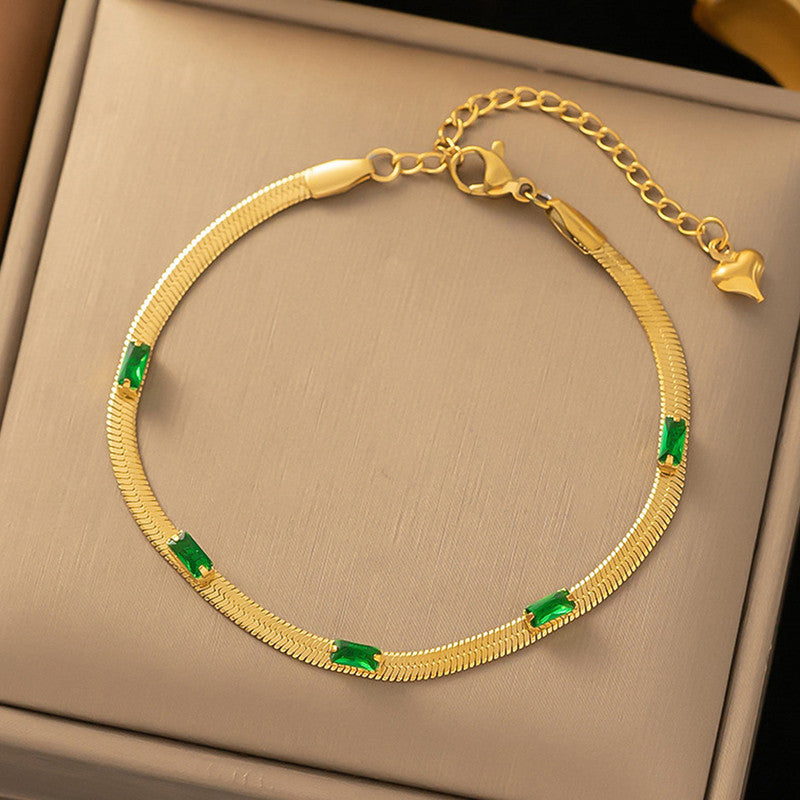 Gold Plated Stainless Steel Anti Tarnish Snake Chain Green Emerald Studded Wraparound Bracelet
