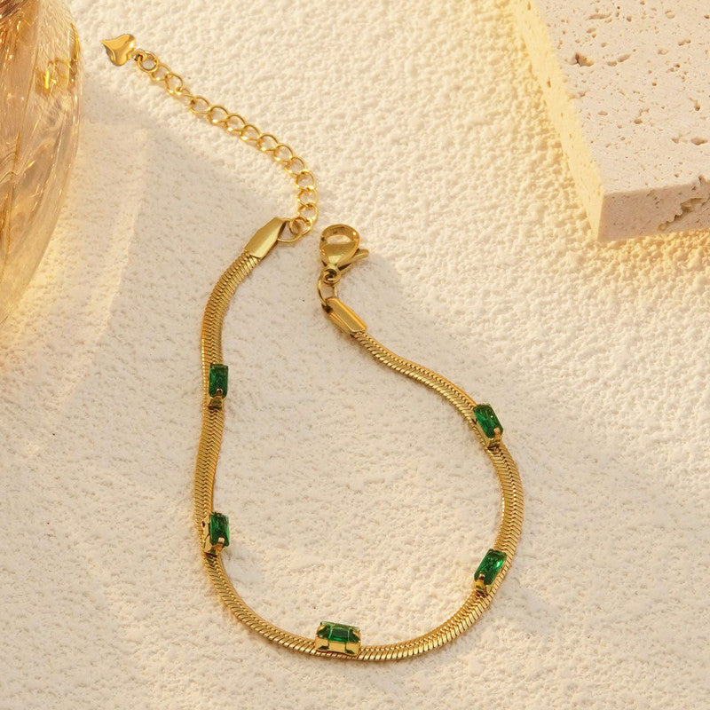 Gold Plated Stainless Steel Anti Tarnish Snake Chain Green Emerald Studded Wraparound Bracelet