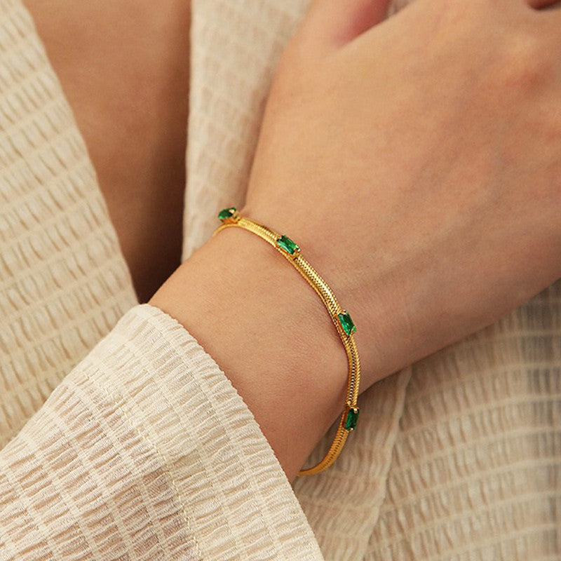 Gold Plated Stainless Steel Anti Tarnish Snake Chain Green Emerald Studded Wraparound Bracelet