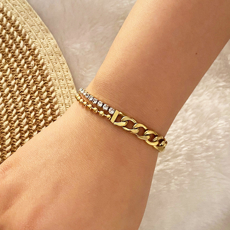 Gold Plated Stainless Steel Anti Tarnish Stone Studded Miami Cuban Link Bracelet