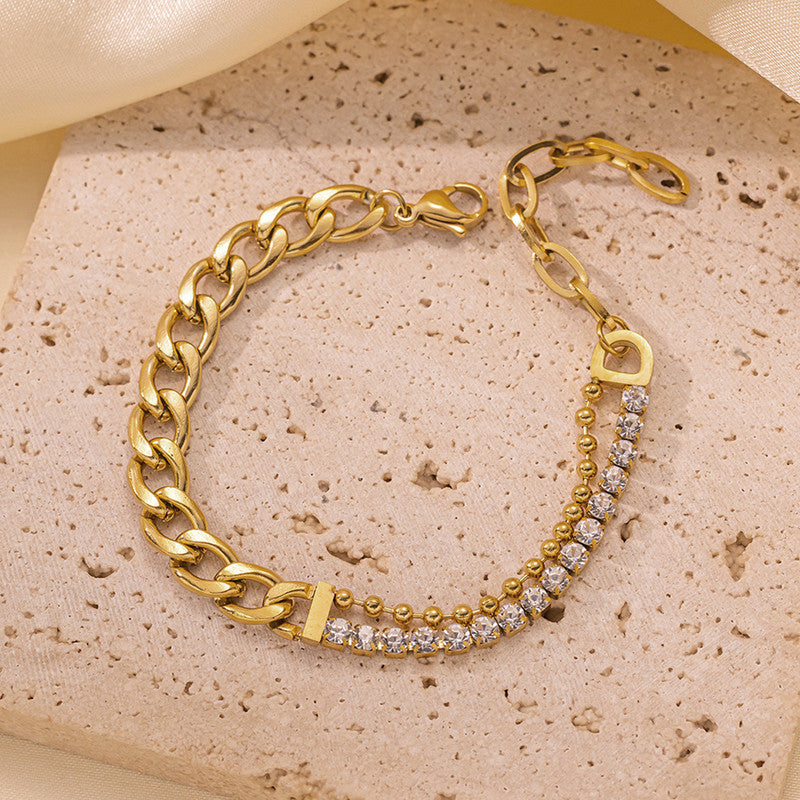 Gold Plated Stainless Steel Anti Tarnish Stone Studded Miami Cuban Link Bracelet