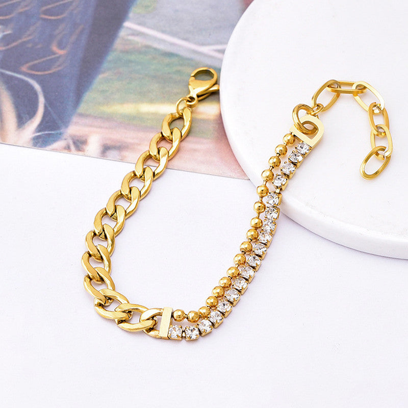 Gold Plated Stainless Steel Anti Tarnish Stone Studded Miami Cuban Link Bracelet