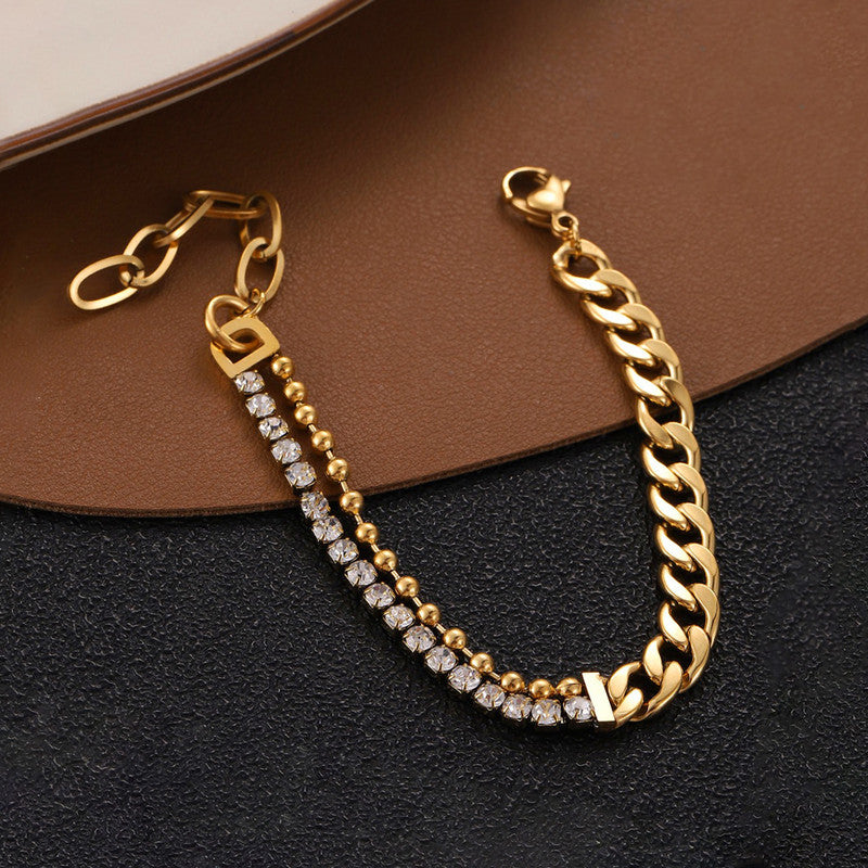 Gold Plated Stainless Steel Anti Tarnish Stone Studded Miami Cuban Link Bracelet