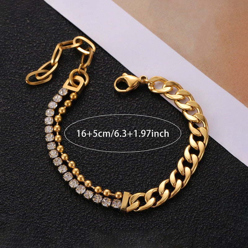Gold Plated Stainless Steel Anti Tarnish Stone Studded Miami Cuban Link Bracelet