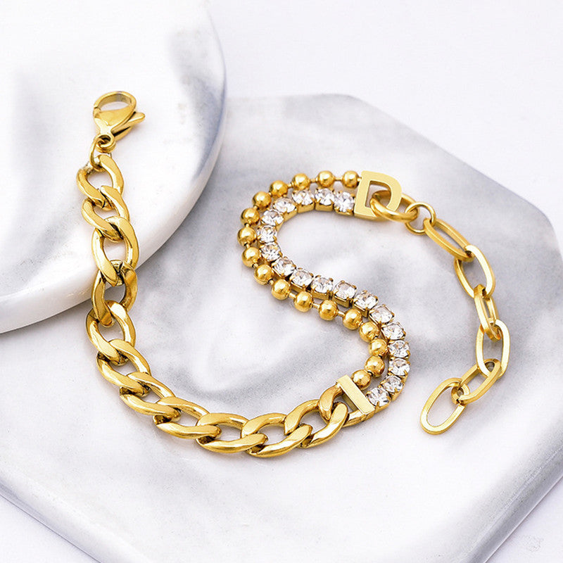 Gold Plated Stainless Steel Anti Tarnish Stone Studded Miami Cuban Link Bracelet