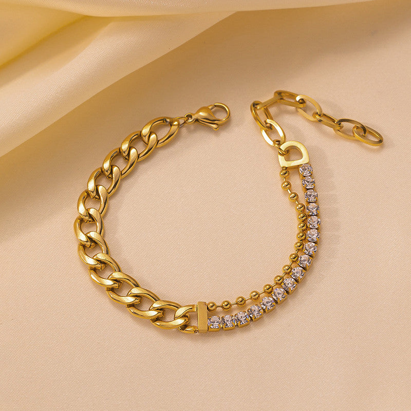 Gold Plated Stainless Steel Anti Tarnish Stone Studded Miami Cuban Link Bracelet