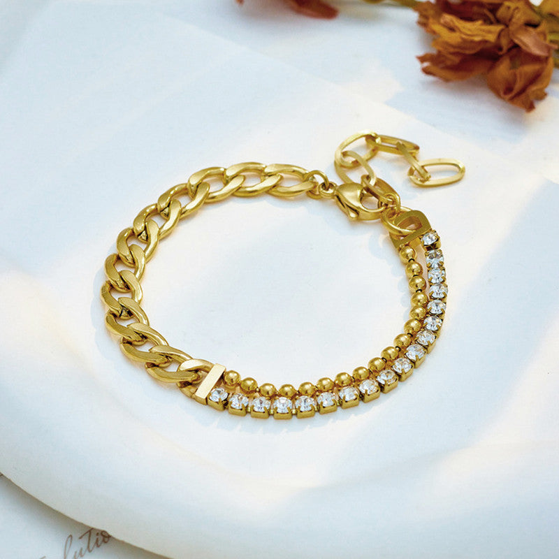 Gold Plated Stainless Steel Anti Tarnish Stone Studded Miami Cuban Link Bracelet