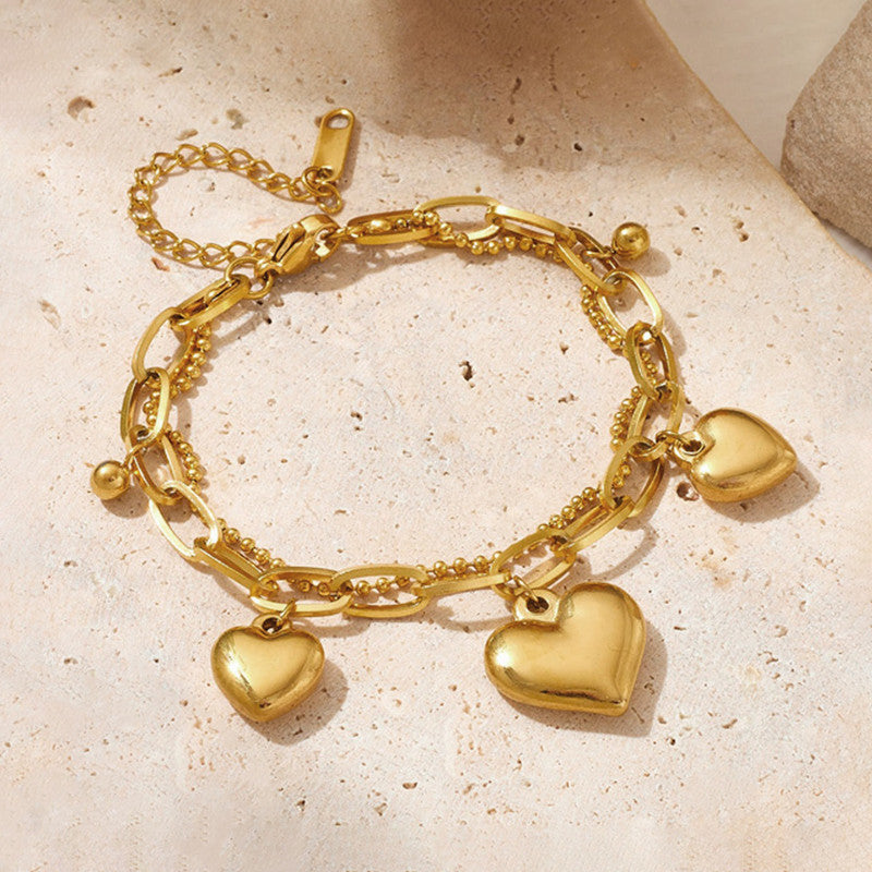 Gold Plated Stainless Steel Anti-Tarnish Heart Themed Wraparound Bracelet