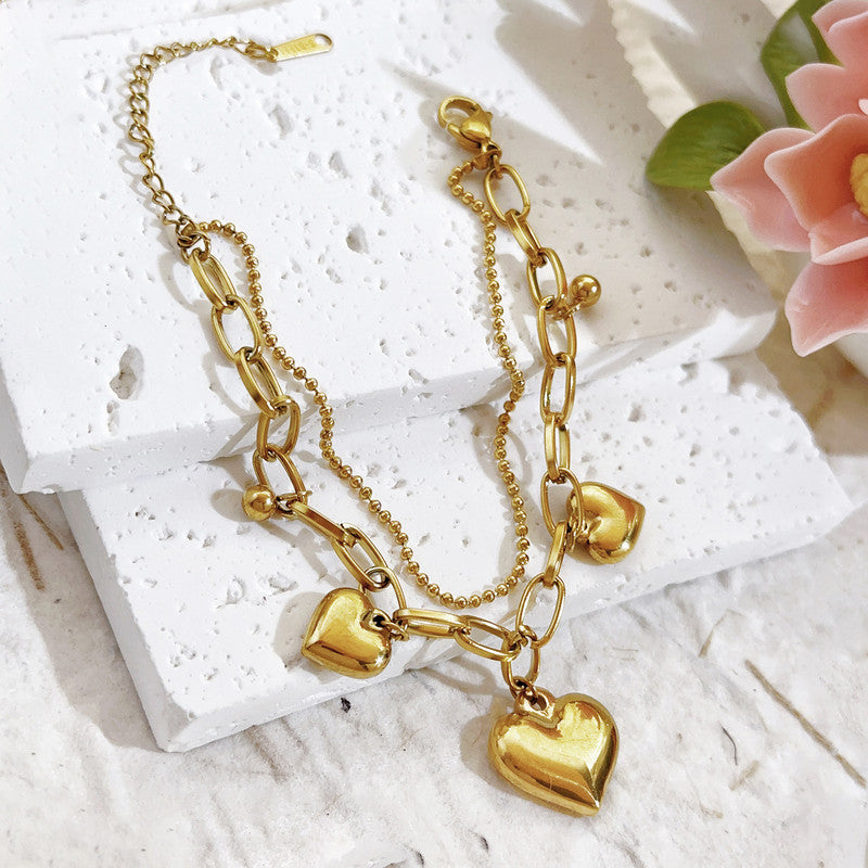 Gold Plated Stainless Steel Anti-Tarnish Heart Themed Wraparound Bracelet