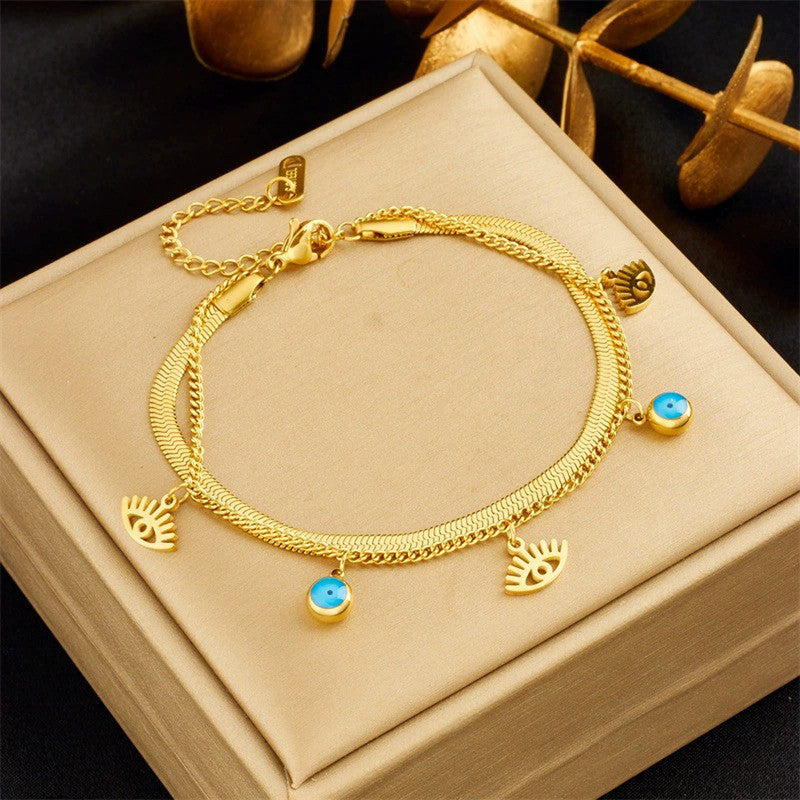 Gold Plated Stainless Steel Anti-Tarnish Evil Eye Wraparound Bracelet