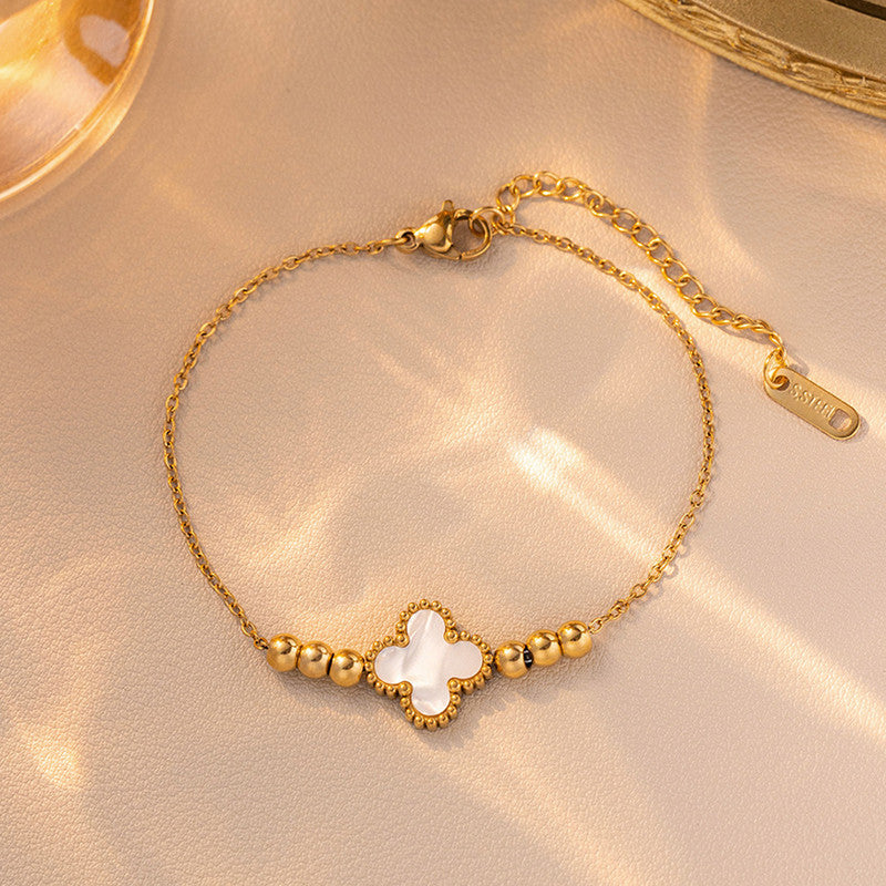 Gold Plated Stainless Steel Anti-Tarnish White Clover Themed Wraparound Bracelet