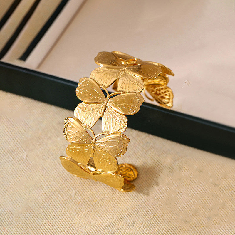 Gold Plated Anti Tarnish Stainless Steel Butterfly Themed Cuff Bracelet