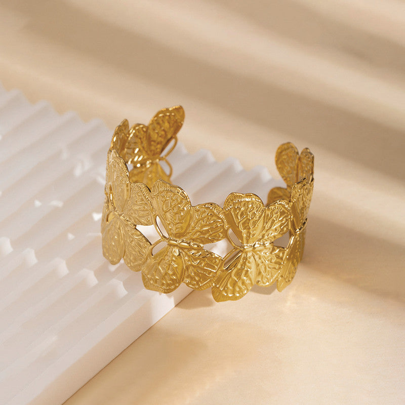 Gold Plated Anti Tarnish Stainless Steel Butterfly Themed Cuff Bracelet