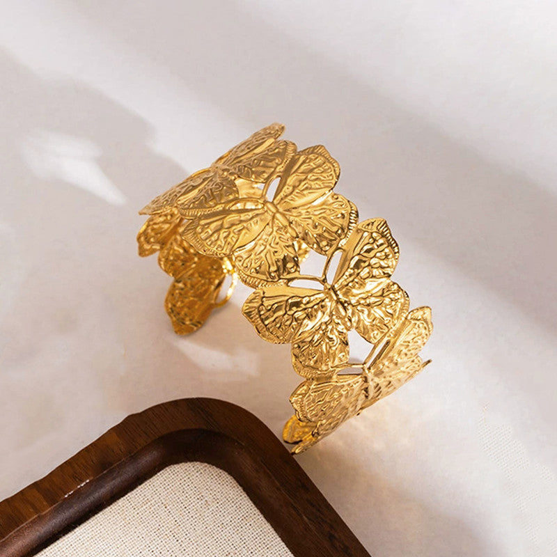Gold Plated Anti Tarnish Stainless Steel Butterfly Themed Cuff Bracelet