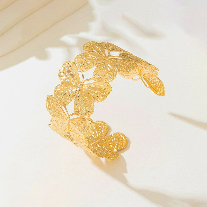 Gold Plated Anti Tarnish Stainless Steel Butterfly Themed Cuff Bracelet
