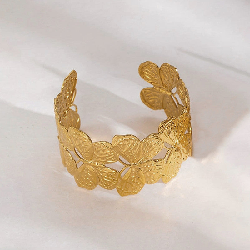 Gold Plated Anti Tarnish Stainless Steel Butterfly Themed Cuff Bracelet