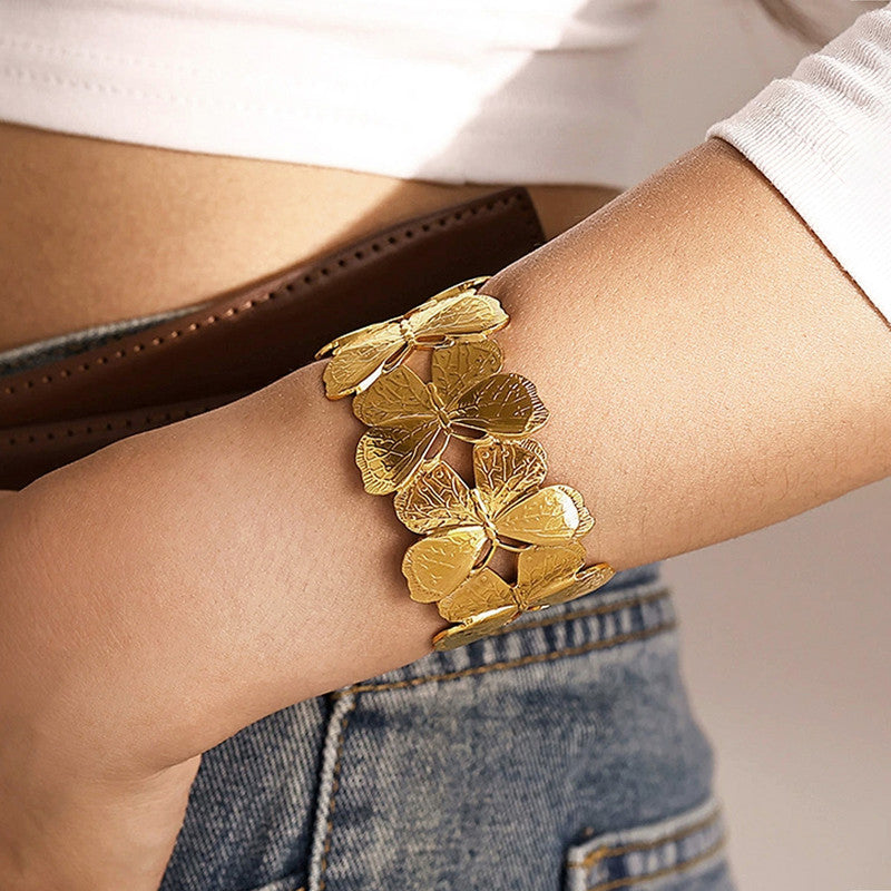 Gold Plated Anti Tarnish Stainless Steel Butterfly Themed Cuff Bracelet