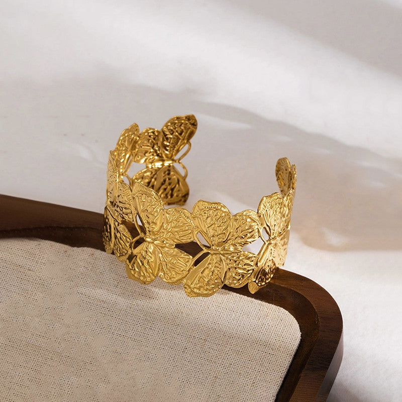 Gold Plated Anti Tarnish Stainless Steel Butterfly Themed Cuff Bracelet
