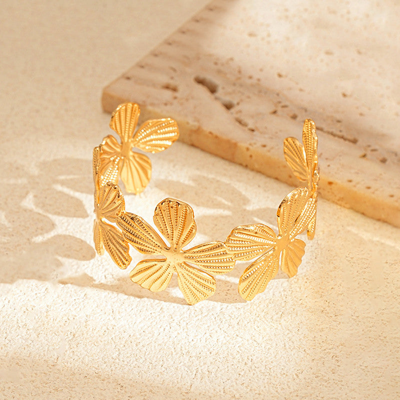 Gold Plated Anti Tarnish Stainless Steel Floral Themed Cuff Bracelet