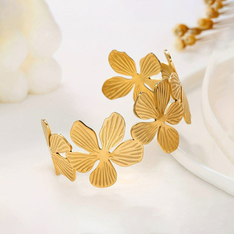 Gold Plated Anti Tarnish Stainless Steel Floral Themed Cuff Bracelet