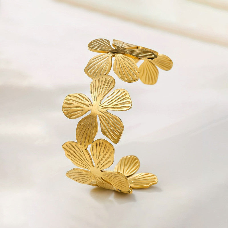 Gold Plated Anti Tarnish Stainless Steel Floral Themed Cuff Bracelet
