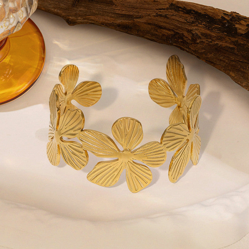 Gold Plated Anti Tarnish Stainless Steel Floral Themed Cuff Bracelet