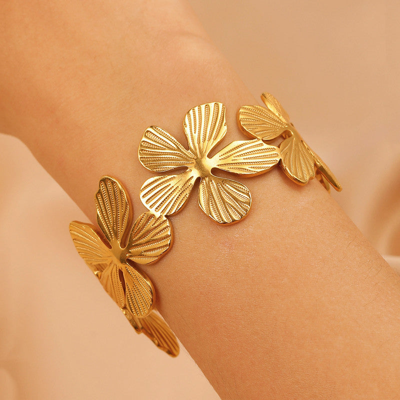 Gold Plated Anti Tarnish Stainless Steel Floral Themed Cuff Bracelet